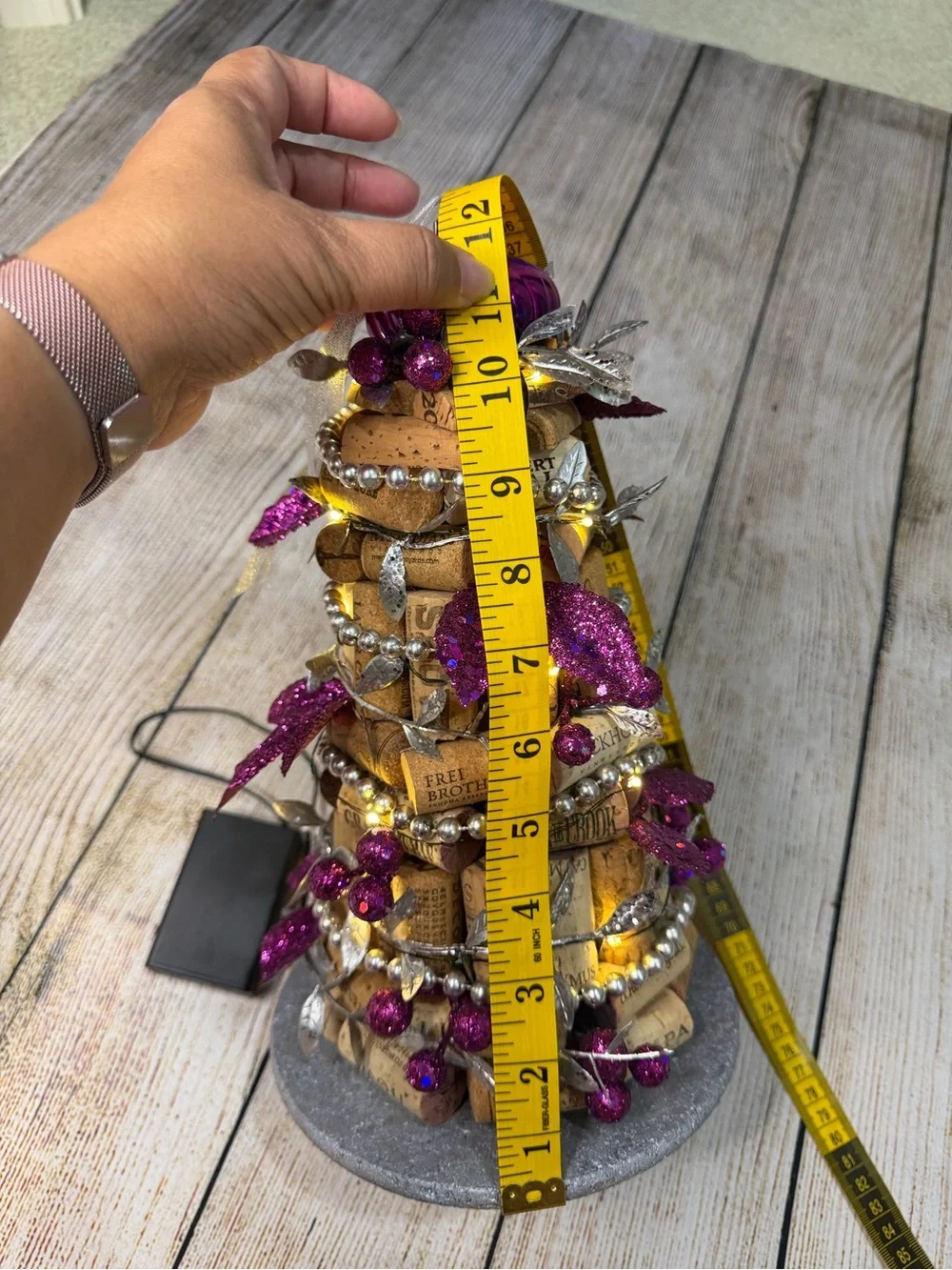 Hand-Crafted Wine Cork Christmas Tree with Warm White LED Lights Purple Accents